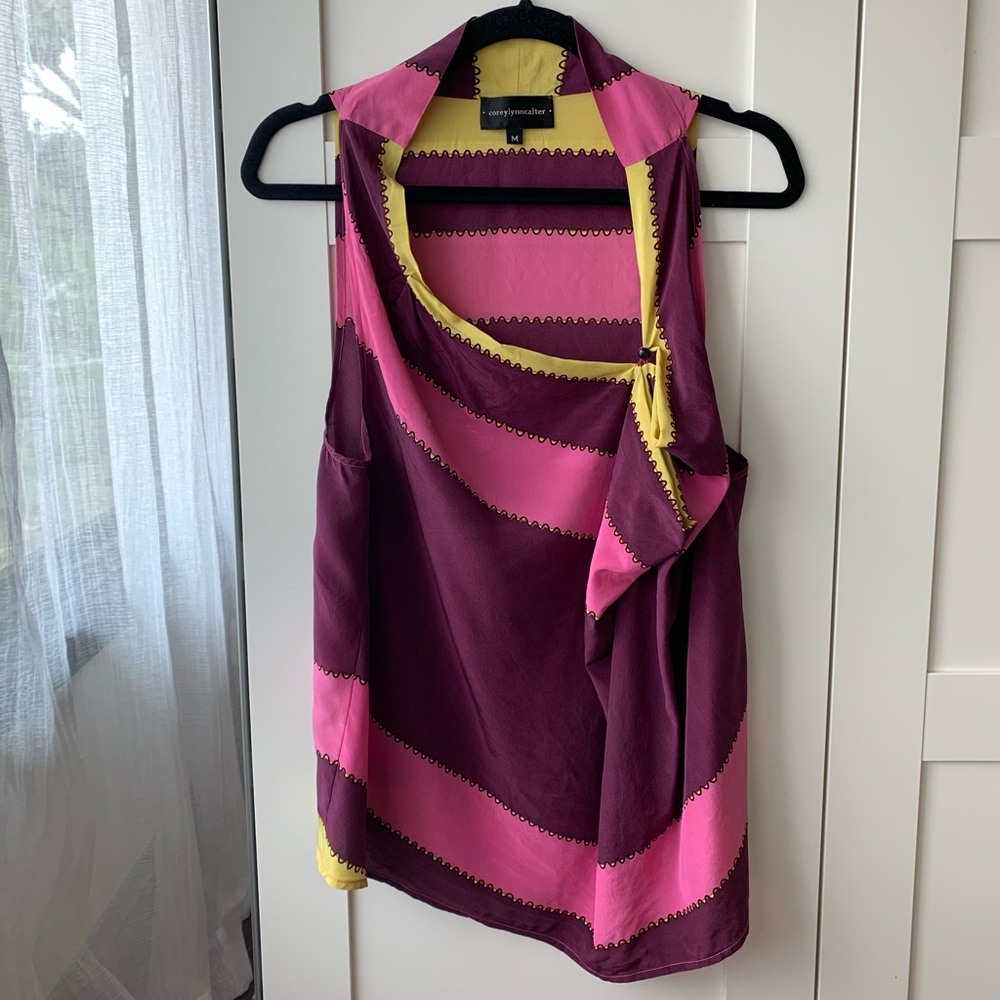 Corey Lynn Calter sleeveless side drape striped silk blouse size M
